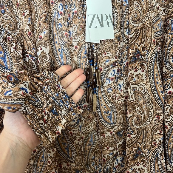 Zara Women Size M Blouse V Neck Long Sleeve Ruffle Sheer Top Paisley Tassel - Picture 14 of 14
